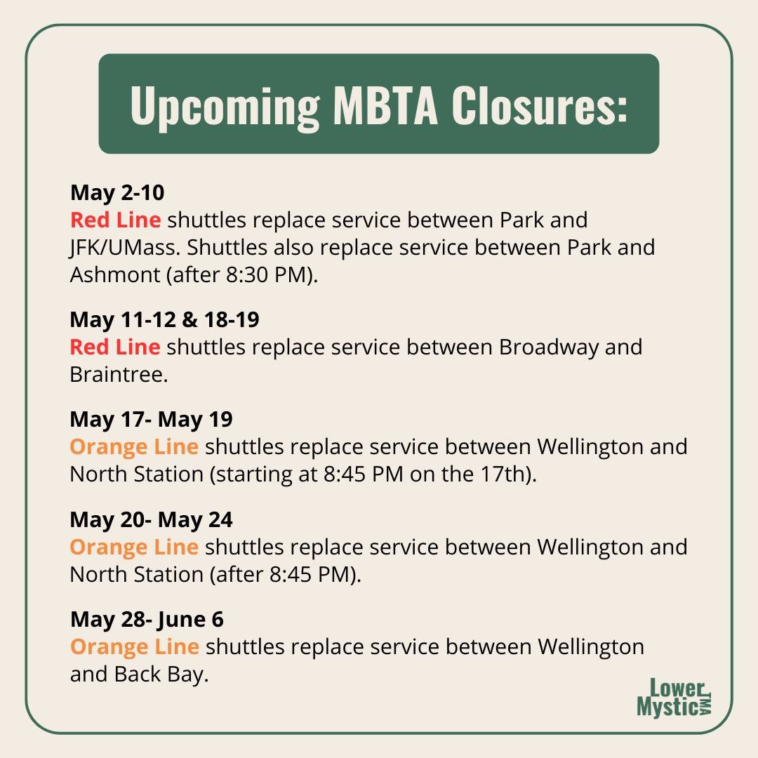 🚨 Here's a roundup of the MBTA closures happening in May. To check if your train is running today and for more information on planned diversions, head to our site: www.mbtaclosures.com
_____

🔴 May 2-10: Red Line - shuttles replace service between 