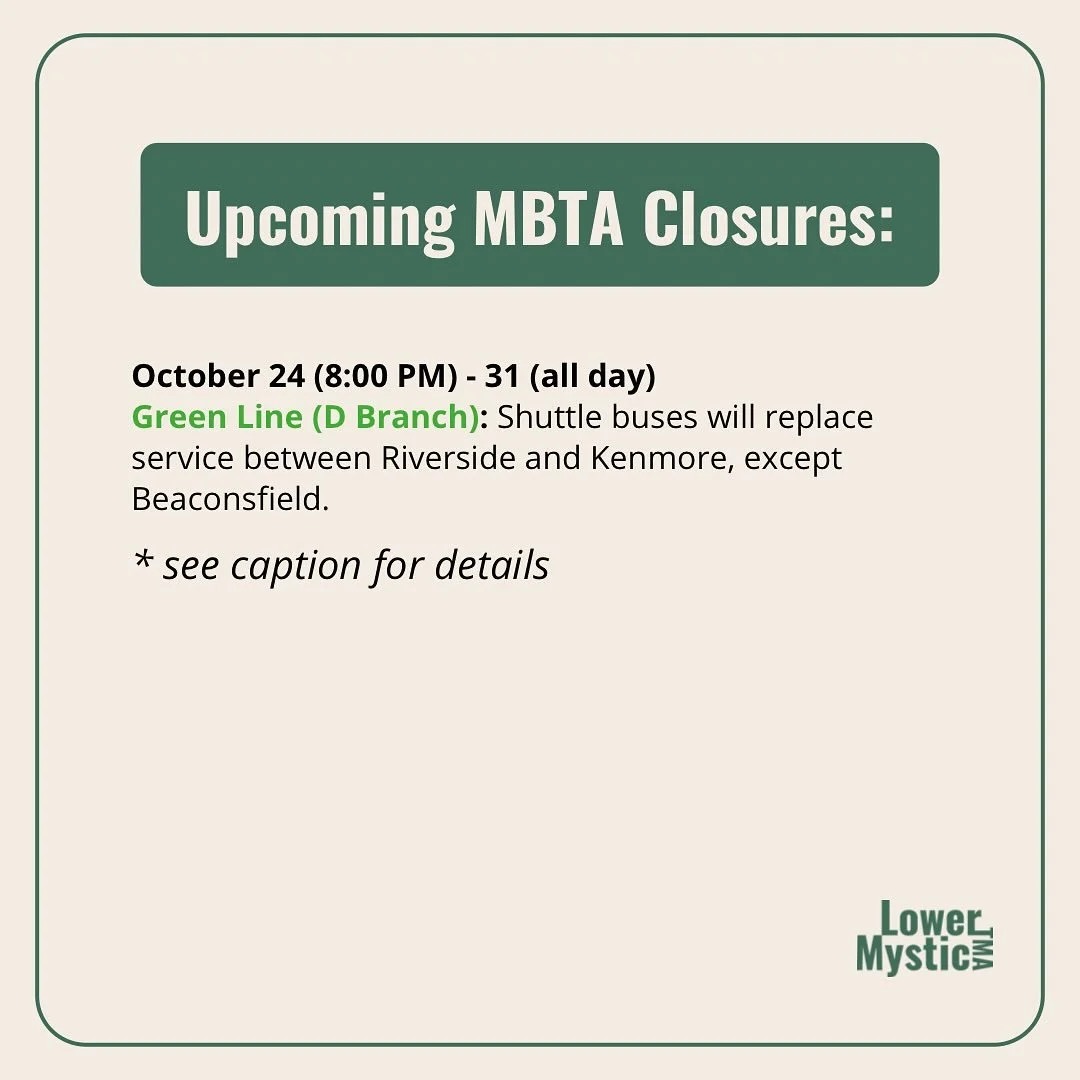 🟢🚇 Attention Green Liners 🚇🟢
The D Branch will be suspended between Kenmore and Riverside beginning on October 24 at 8:00 pm through October 31. 
Free and accessible shuttle bus service will replace train service between Kenmore and Riverside.