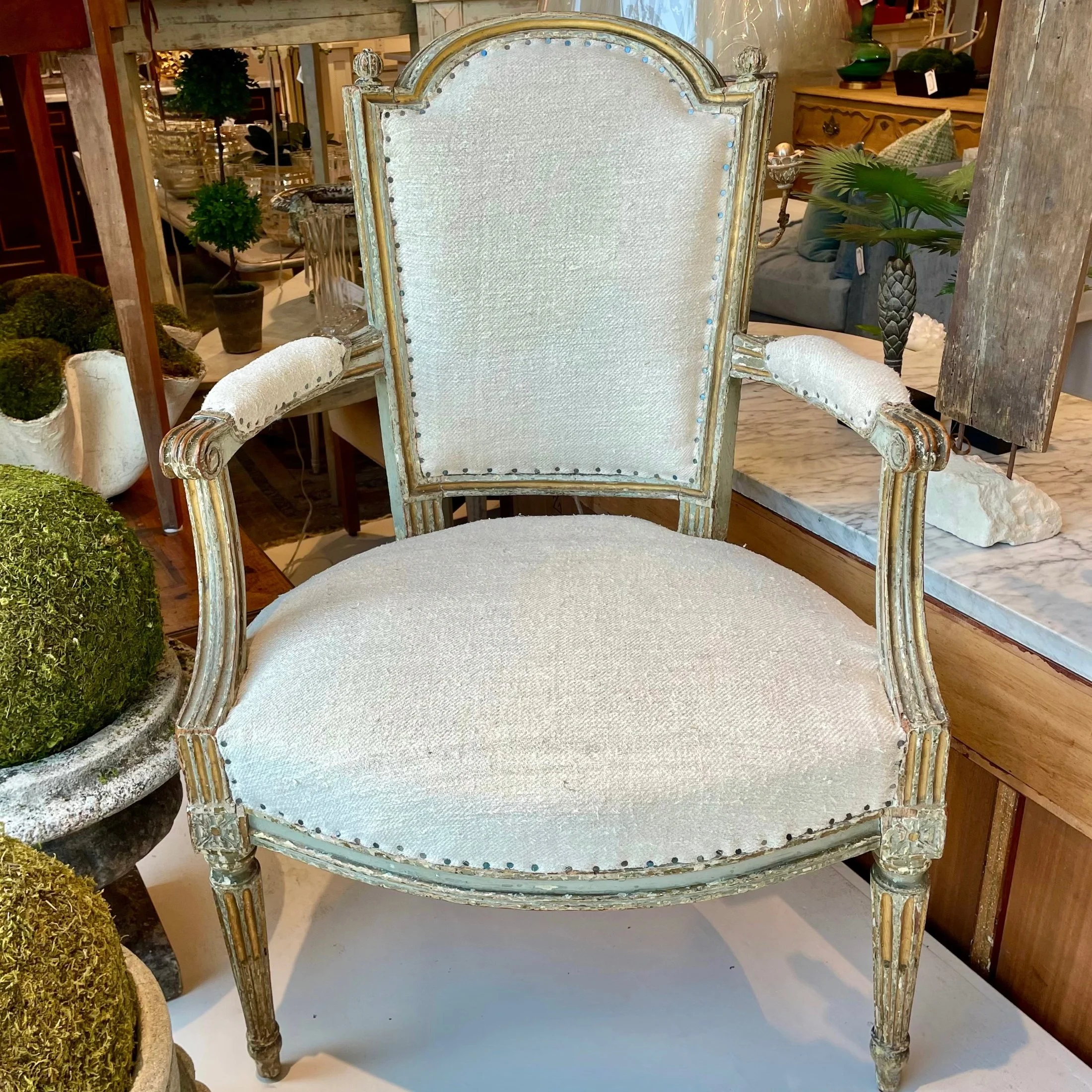 Antique Carved Bergere in Cream Linen