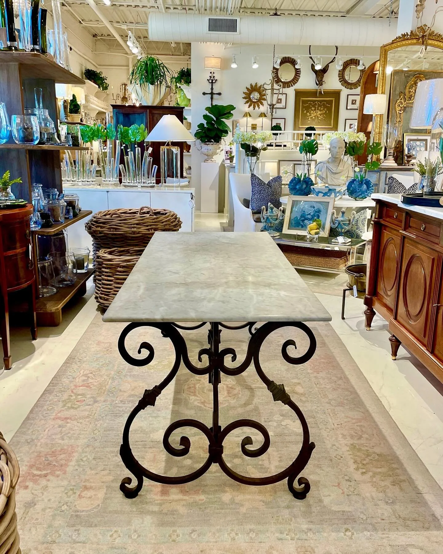 Finally got this beauty uncrated and placed in the shoppe! A beautiful Antique Forged Iron and Marble Table. French, c.1870. Dimensions are 70.8W x 30.7D x 29.5H. Discover our extensive collection of one-of-a-kind, hand-selected European Antiques and