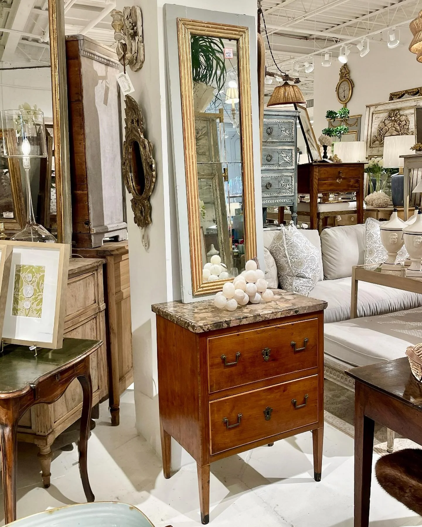 The perfect petite antique chest paired with the perfect period mirror. Antique Marble Top 2-Drawer Chest. Italian, c.1800. Dimensions are 25W x 16.25D x 31.5H. Antique Gilt Reeded Louis Philippe Period Mirror with Original Split Glass. French, c.179
