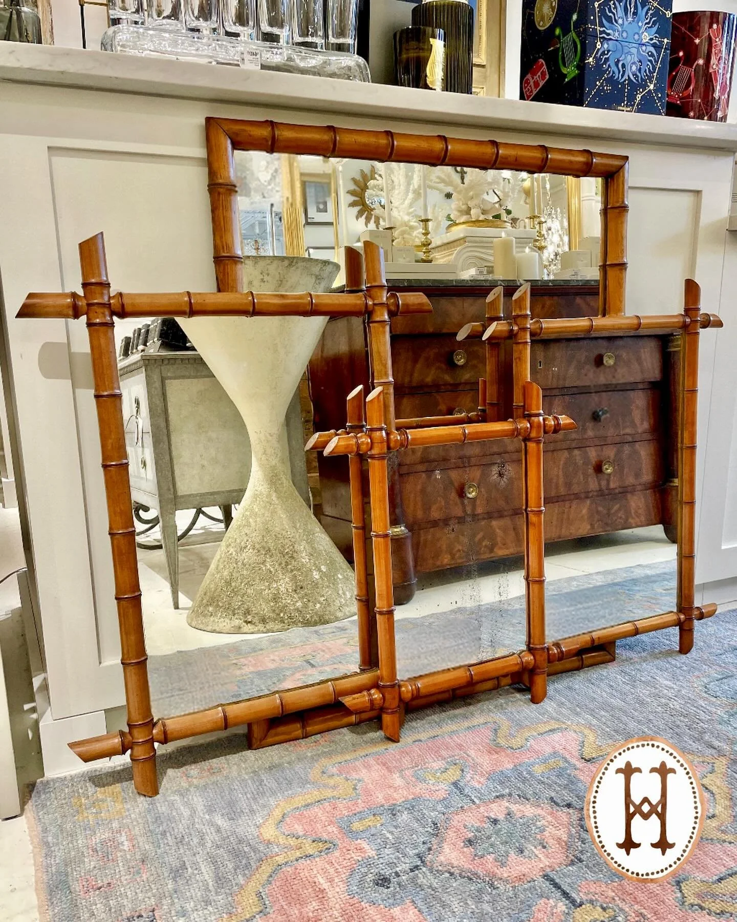 In stock—a great selection of Antique Faux Bamboo mirrors! Discover our extensive collection of one-of-a-kind, hand-selected European Antiques and Curated Decor. Find more details and pics on our website at www.heritagemarkdesign.com. Shipping