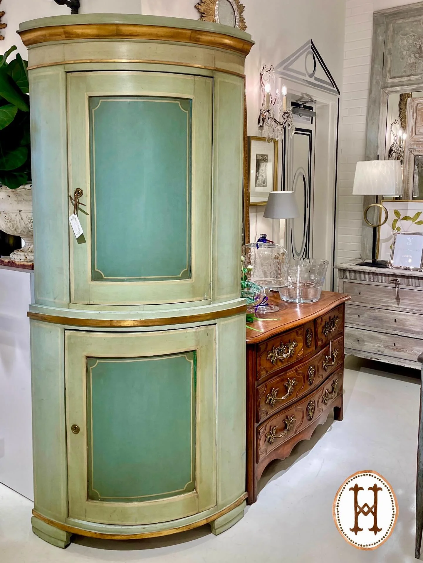 A stunning Antique Gustavian Period Corner Cupboard with Gilt Detail. Swedish, c.1795. Dimensions are 39W x 23D x 82H. Discover our extensive collection of one-of-a-kind, hand-selected European Antiques and Curated Decor. Find more details and pics o