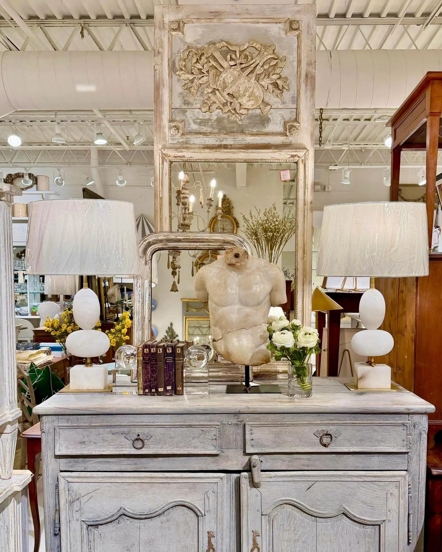 Layers of patina mixed with modern. Discover our extensive collection of one-of-a-kind, hand-selected European Antiques and Curated Decor. Find more details and pics on our website at www.heritagemarkdesign.com. Shipping available. #heritageclt #fren
