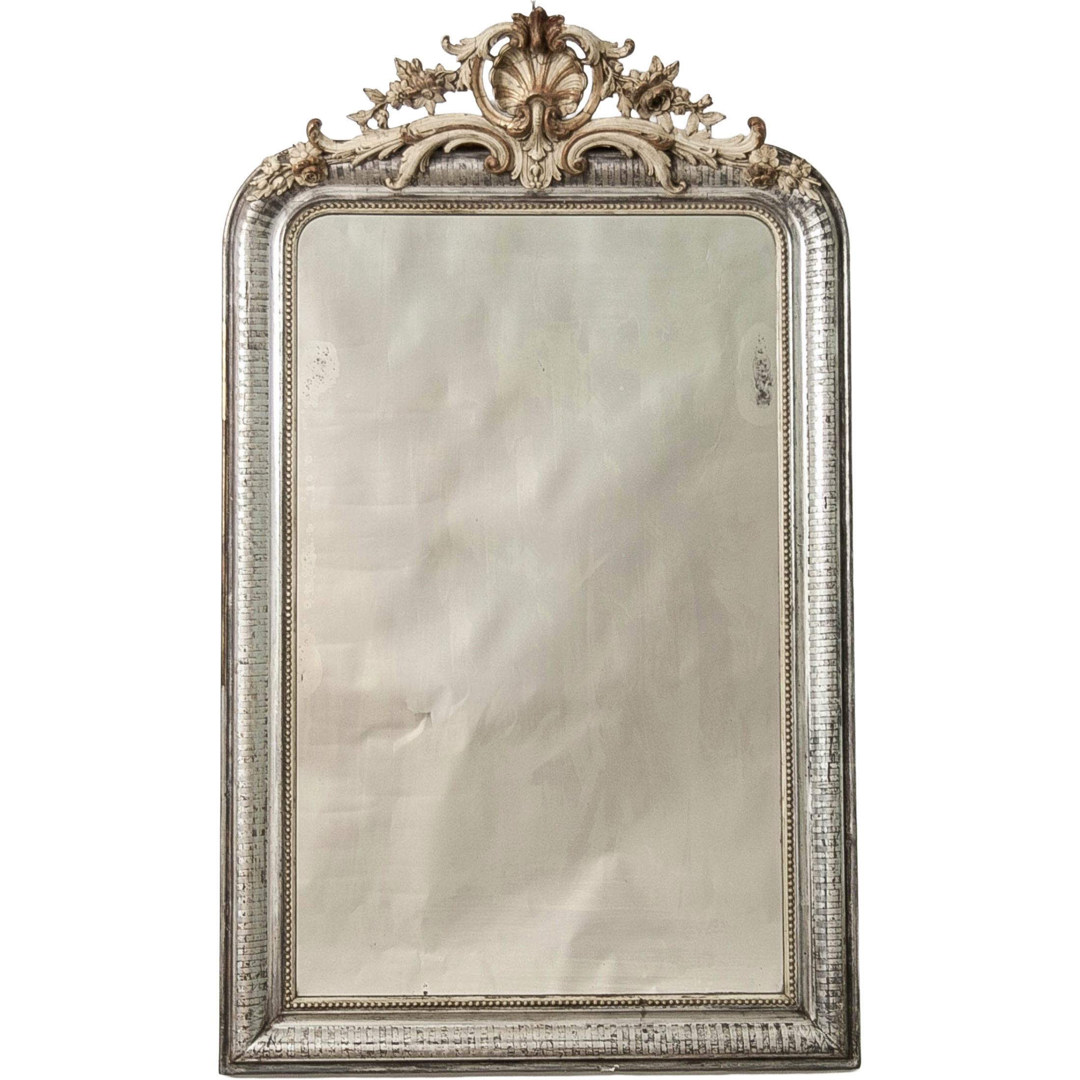 Antique Silver Gilt Louis Philippe Mirror with Shell Fronton 
