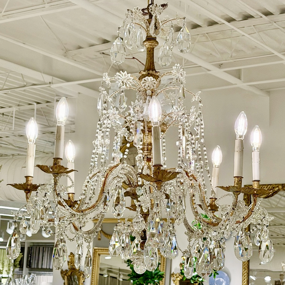 Antique Italian 8-Arm Crystal and Gilt Wood Beaded Chandelier