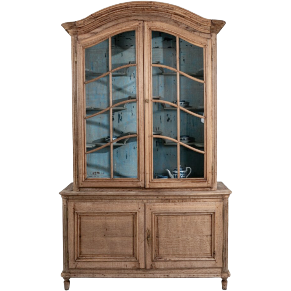 Antique Louis XVI Natural Oak Vitrine with Painted Interior