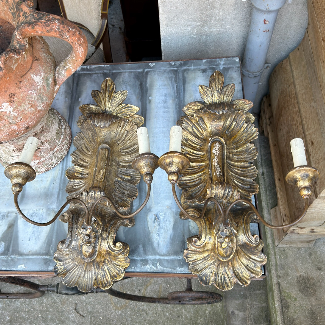 Antique Hand Carved Gilt Wood Wall Sconces