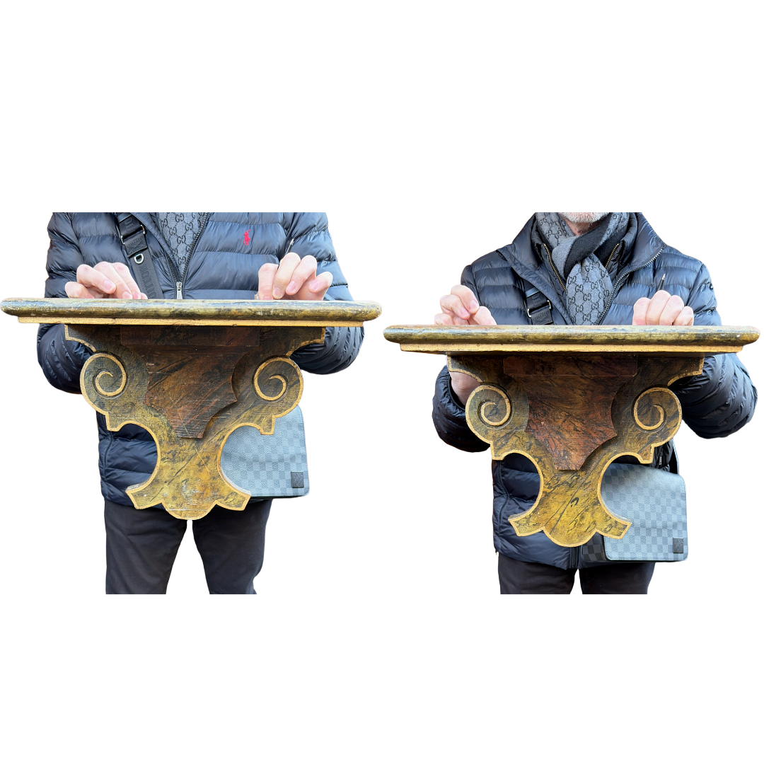 Antique Green Faux Marbled Carved Wood Wall Sconces