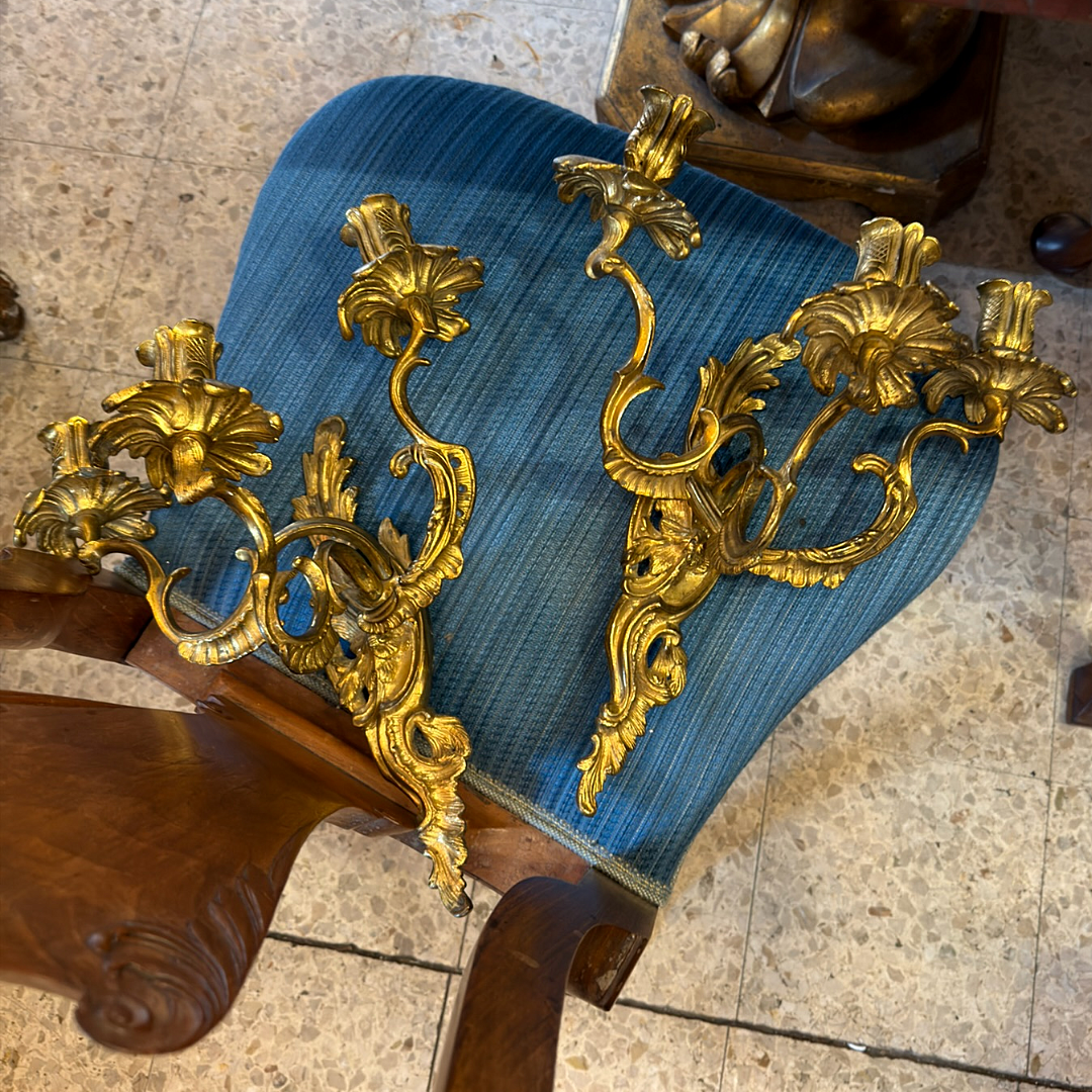 Antique Pair Louis XV Period Bronze Ormolu 3-Arm Wall Sconces