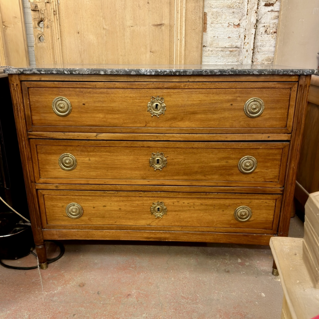 Antique Louis XVI-Style Walnut Chest with Grey St. Anne Marble Top