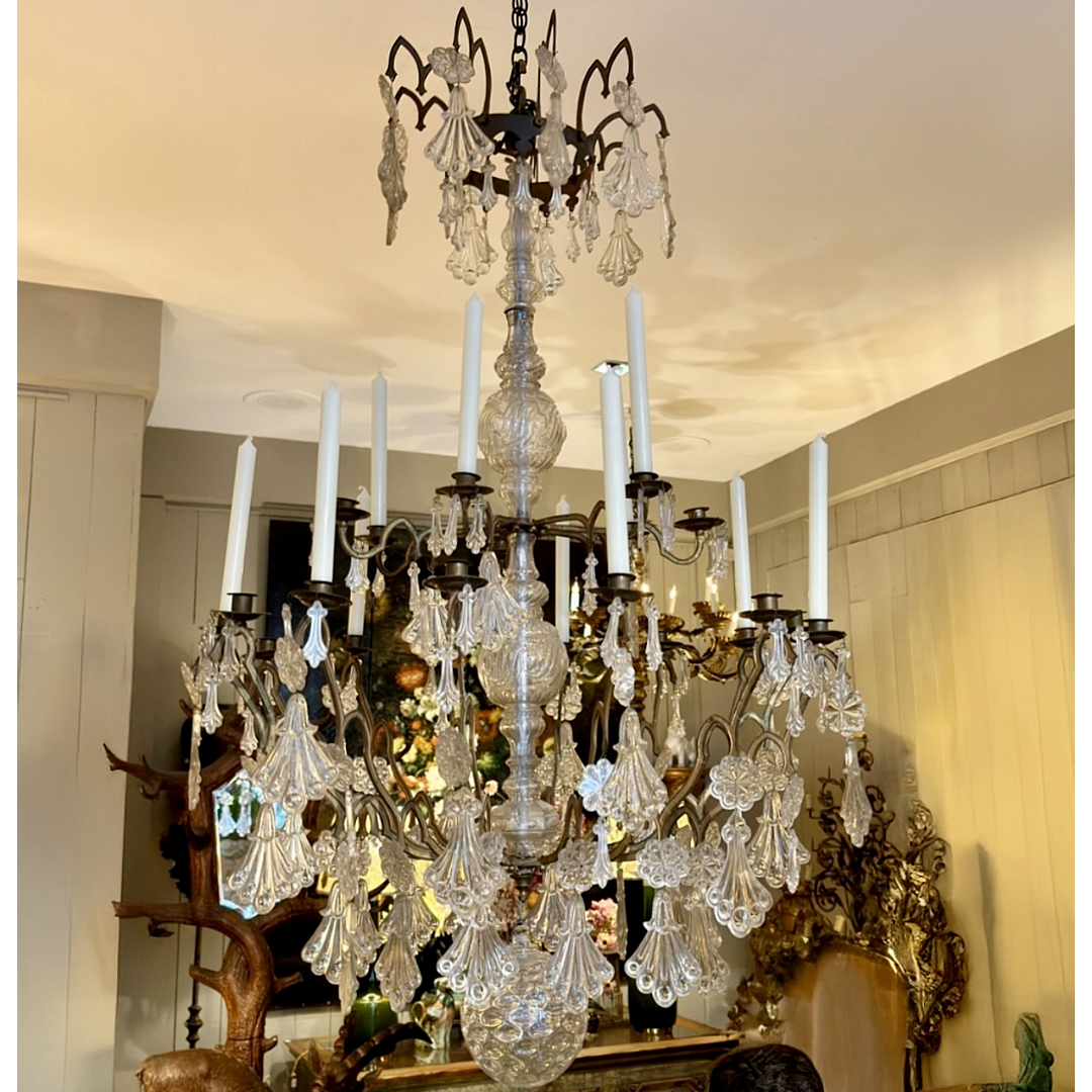 Antique Grand Bronze and Crystal 18-Arm Chandelier