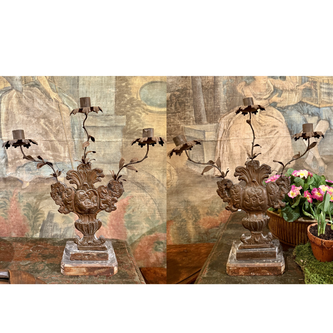 Antique Copper Candlesticks on Wood Base | Pair