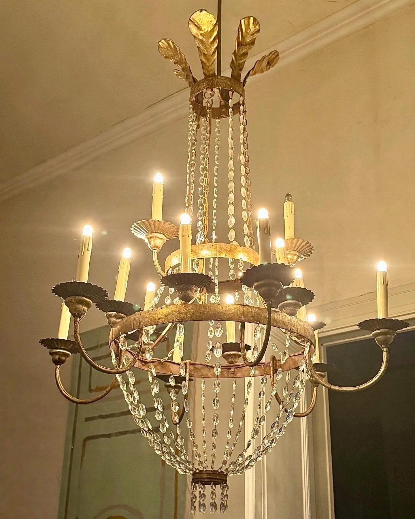 Impeccably Italian! So many incredible chandeliers arriving in our next container including this Antique Empire Period Crystal and Gilt Metal 15-Arm Chandelier. Italian, c.1820. Dimensions are 37.4D x 55.1H. Discover our extensive collection of one-o