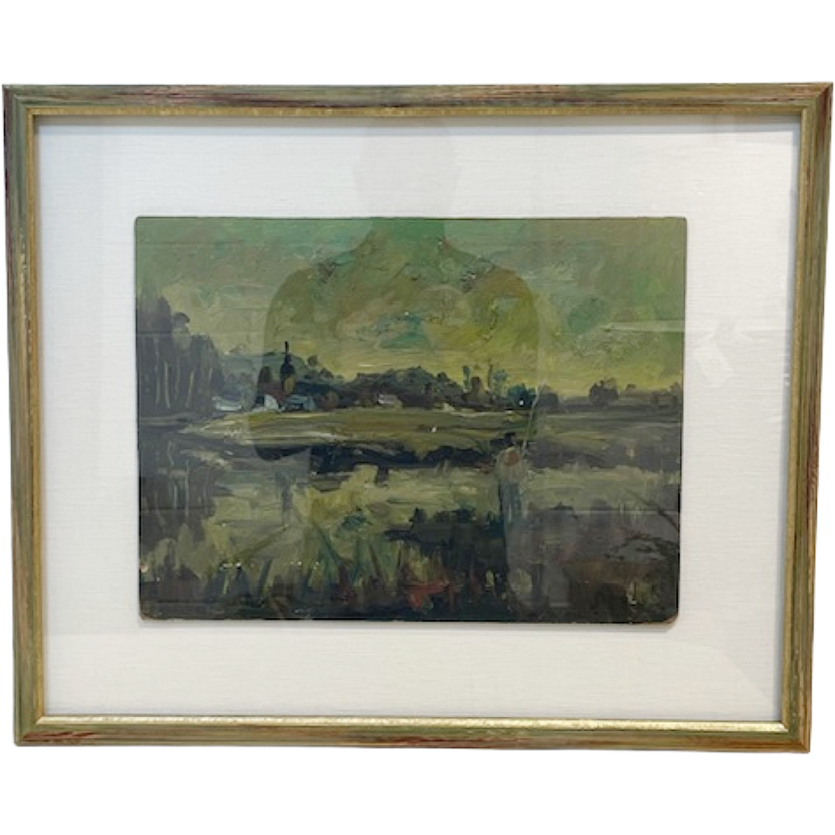 Antique Oil on Panel | Green Sky Fisherman