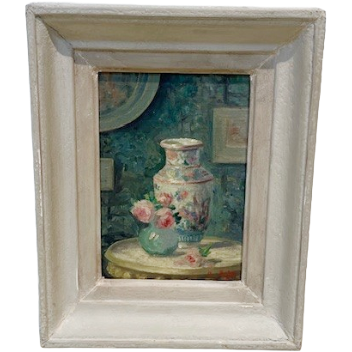 Antique Oil on Panel | Pink Roses in Vase