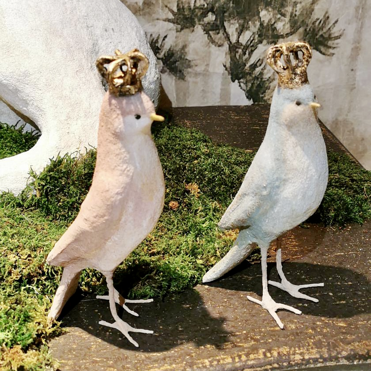 Hand Made Papier Mâché Sculpture | Crowned Birds
