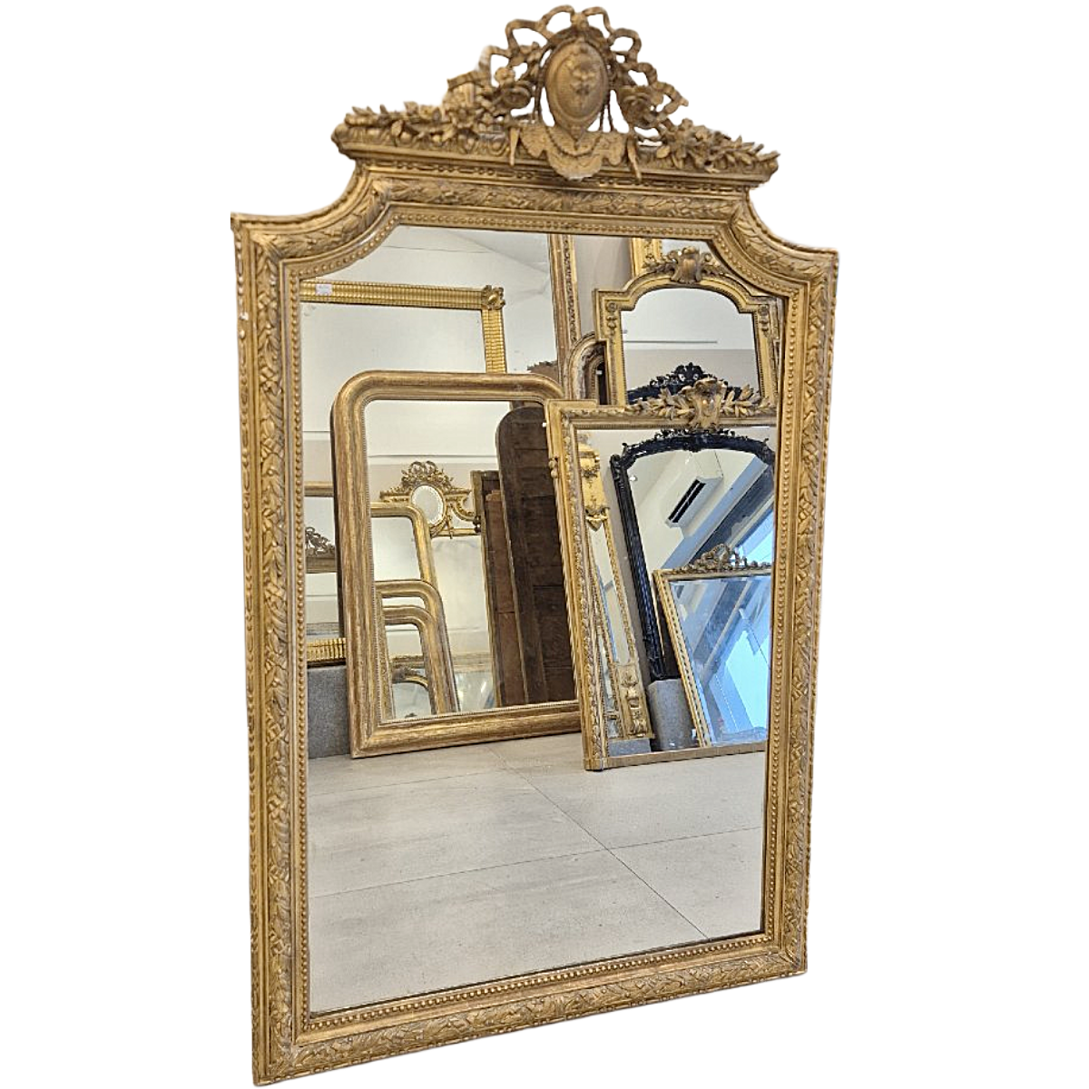 Antique Louis XVI-Style Gold Gilt Wood Mirror with Medallion and Ribbon Fronton