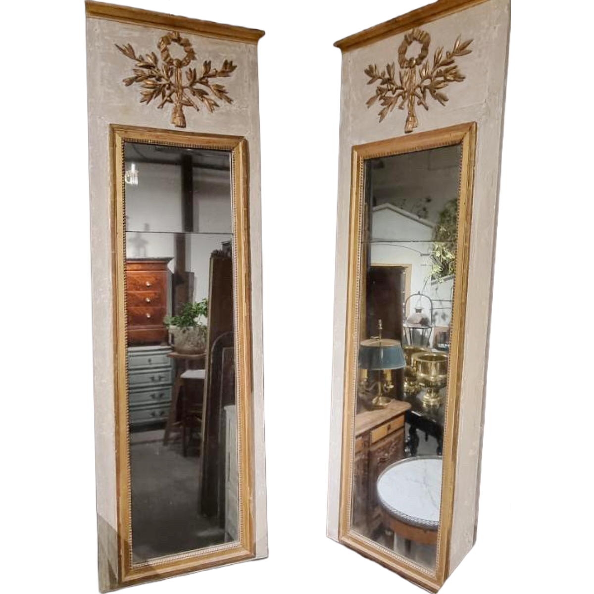 Antique Louis XVI Period Boiserie Mirrors with Floral Fronton and Original Split Glass | Pair