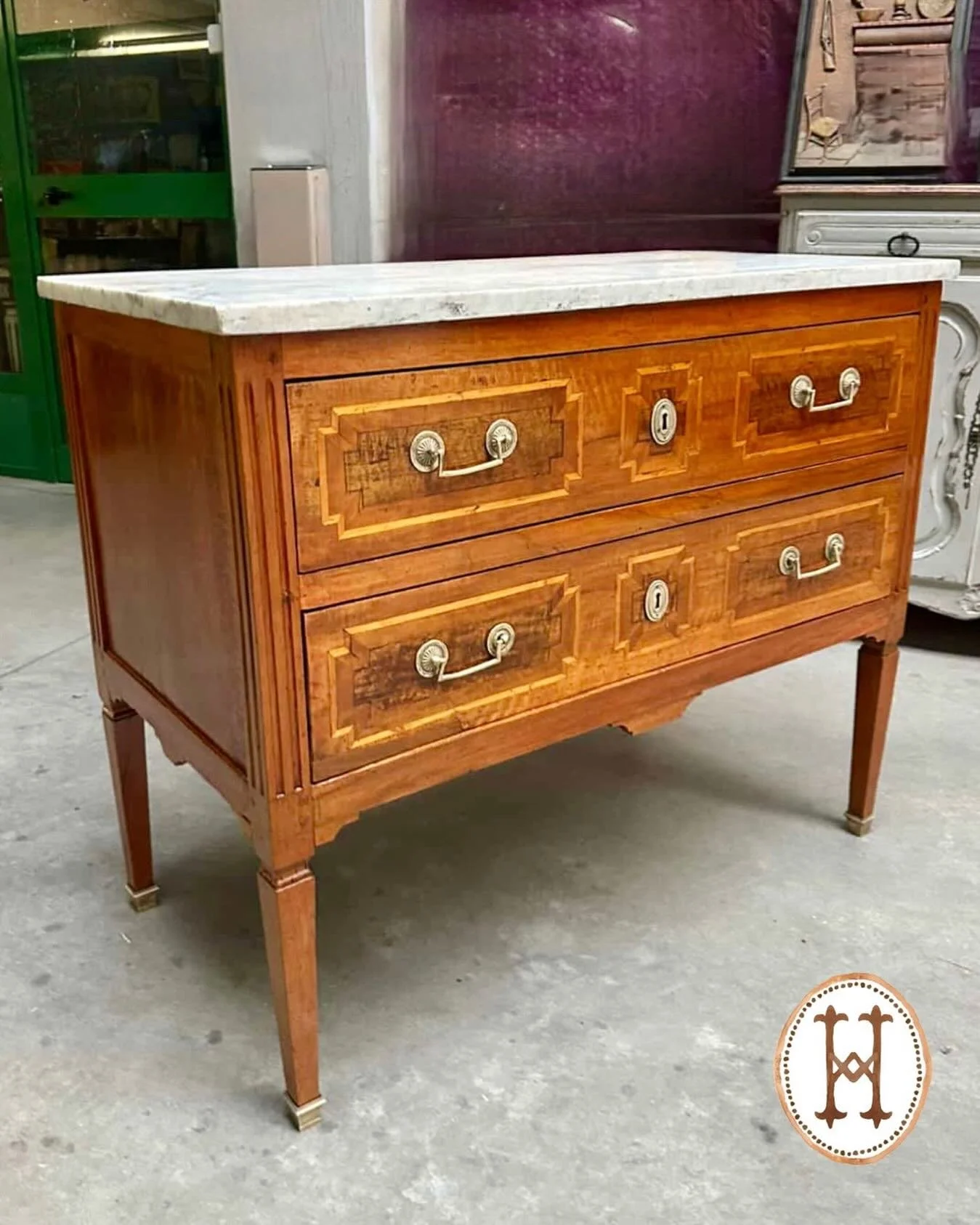 En Route&mdash;Antique Louis XVI Period Mahogany Inlaid Sauteuse. French, c.1760. Dimensions are 44.8W x 22.8D x 37H. Discover our extensive collection of one-of-a-kind, hand-selected European Antiques and Curated Decor. Find more details and pics on