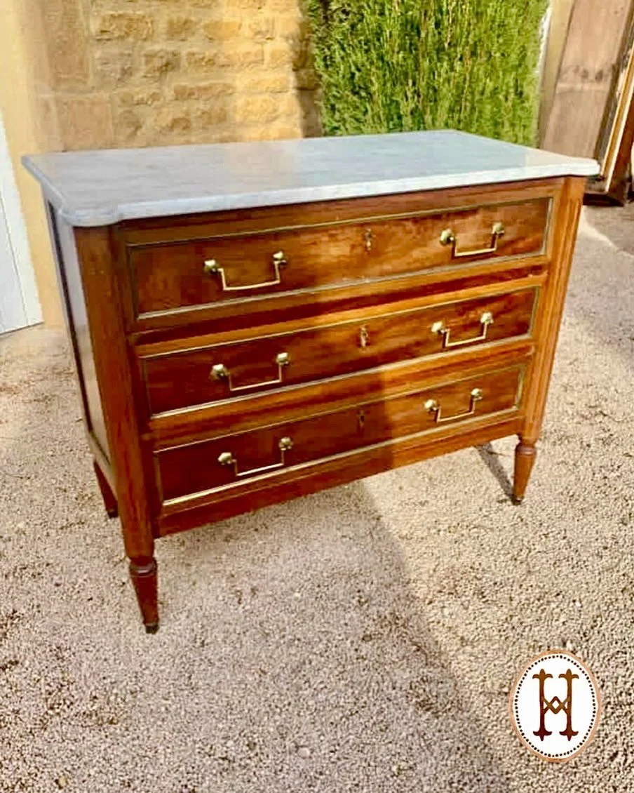 For the love of Louis! A beautiful Antique Mahogany Louis Philippe-Style Chest. French, c.1930. The perfect size! Dimensions are 39.3W x 18.5D x 32.2H. Discover our extensive collection of one-of-a-kind, hand-selected European Antiques and Curated De