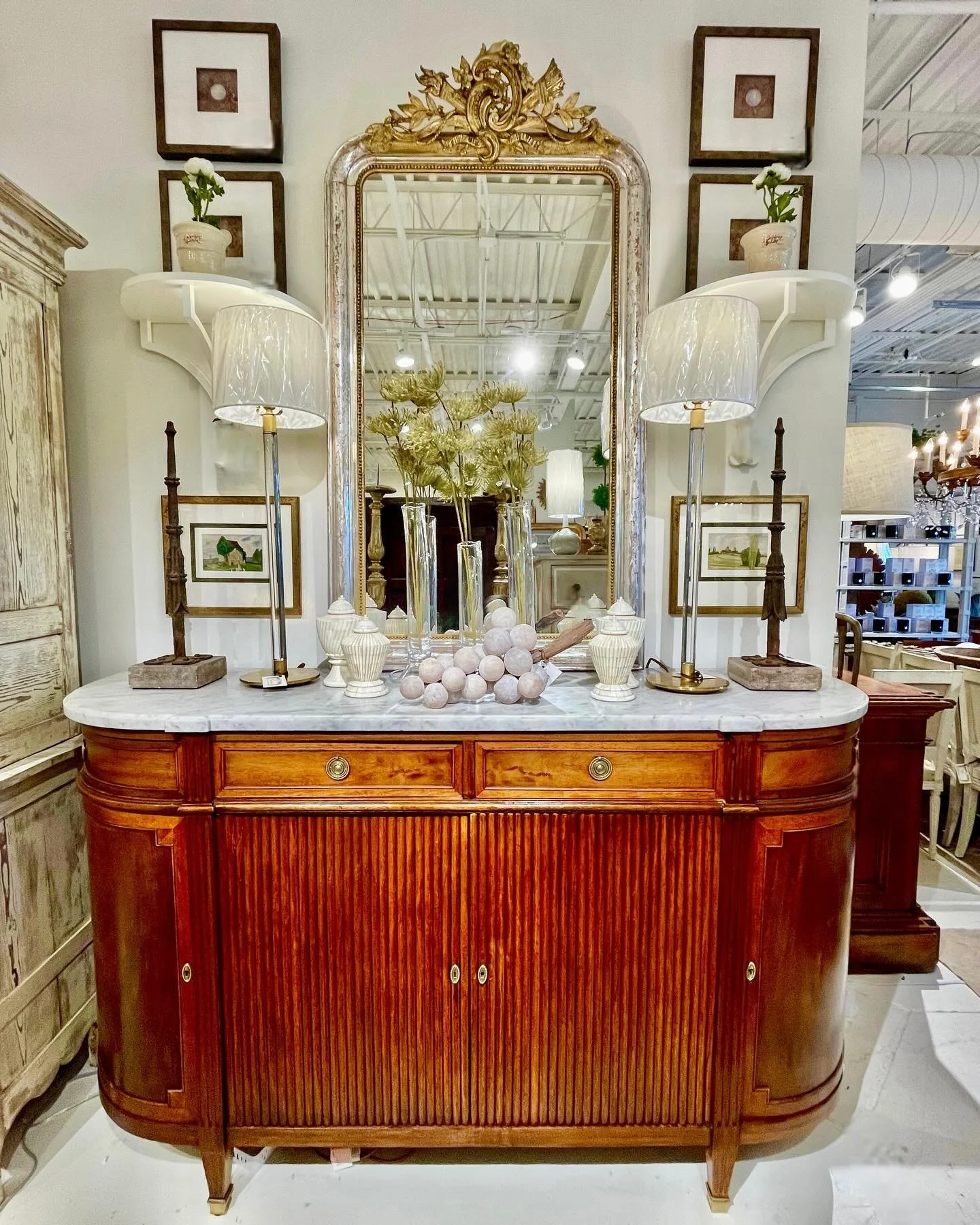 Elegant Enfilades&mdash;just in from France in our last container&mdash;including this beauty! Louis Philippe-Style Mahogany D-End Enfilade with White Carrara Marble Top. French, c.1950. Dimensions are 74W x 20.5D x 43.3H. Discover our extensive coll