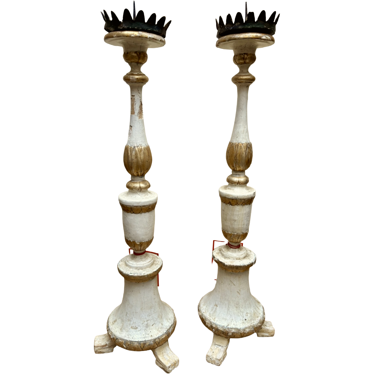 Antique Hand Carved Tuscan Gilt Wood &amp; White Altar Candlesticks | Pair