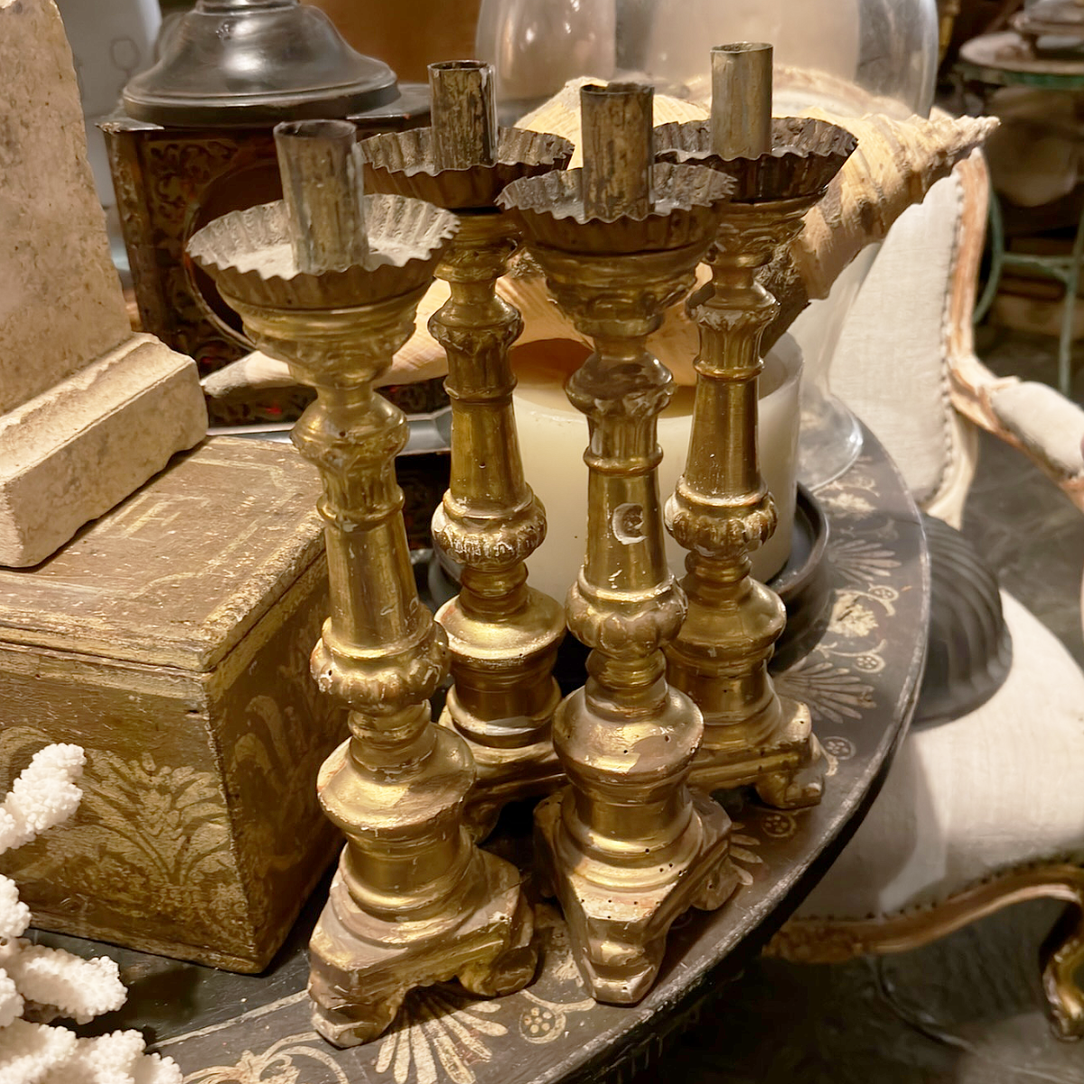 Antique Hand Carved Tuscan Gilt Wood Candlesticks | Sold in Pairs