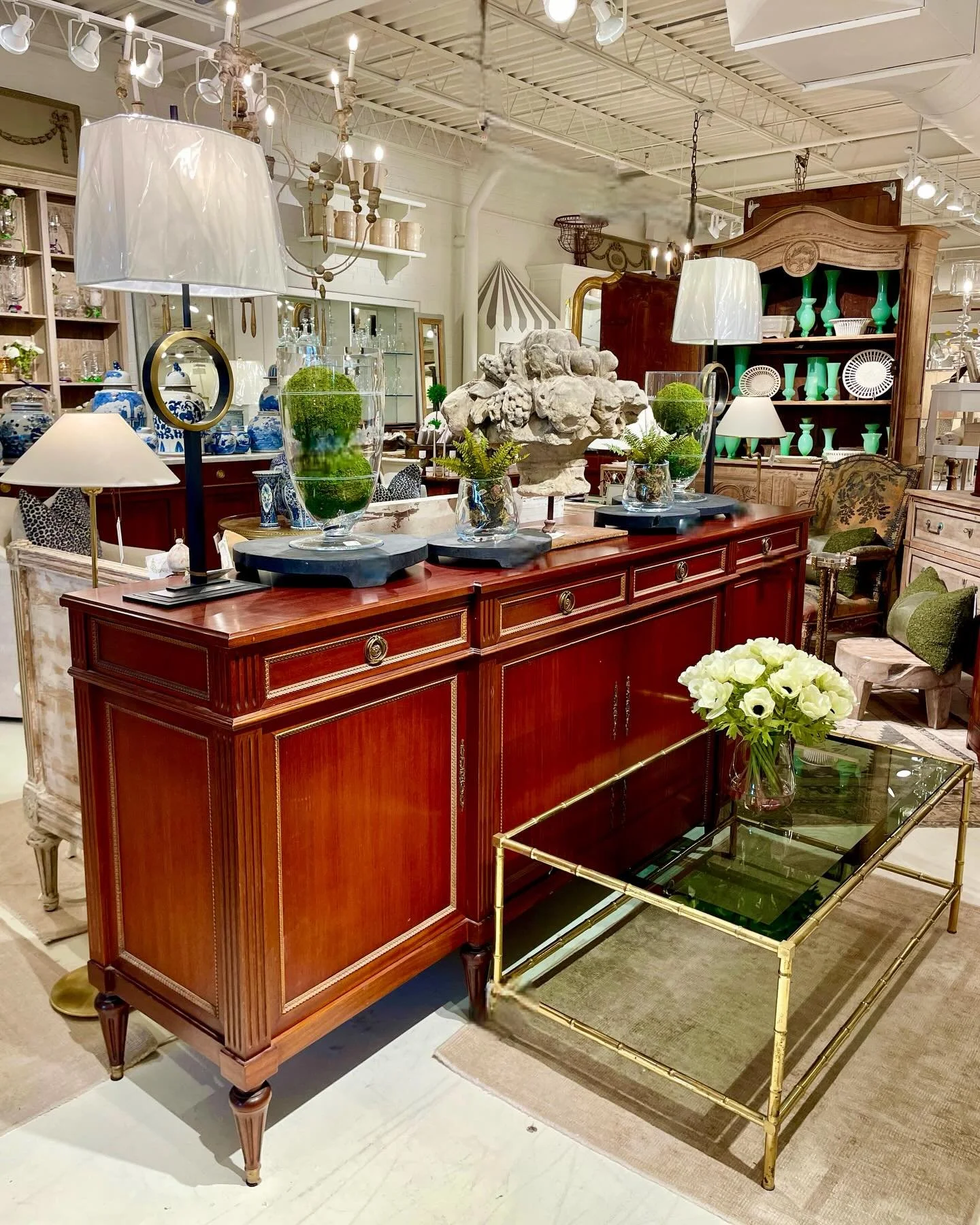 Louis Philippe-Style Mahogany Enfilade. Beautiful wood top. Classic and timeless and loaded with storage options. French, c.1950. Dimensions are 94W x 21D x 39.5H. Discover our exciting collection of one-of-a-kind, hand-selected Furniture, Curated De