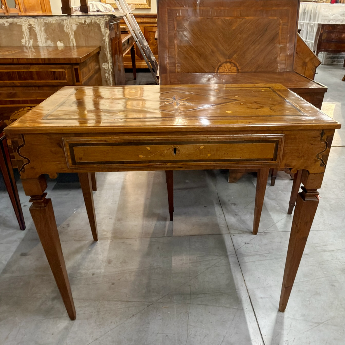 Antique Louis XVI Period Venetian Walnut Writing Table with Inlay Details and Center Drawer