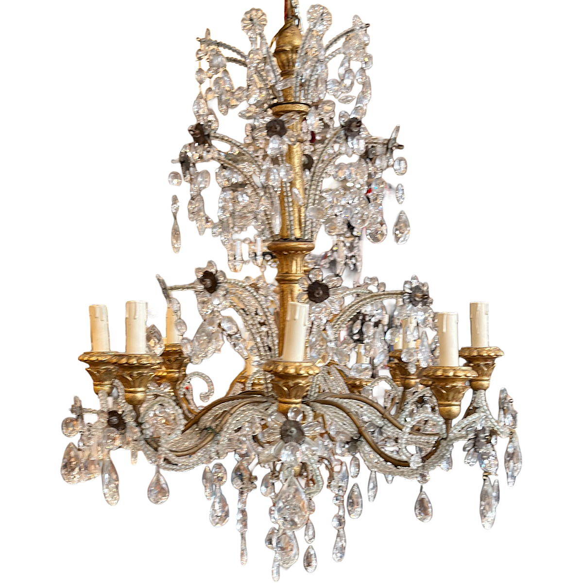 Antique Genovese 8-Light Crystal and Gilt Wood Chandelier