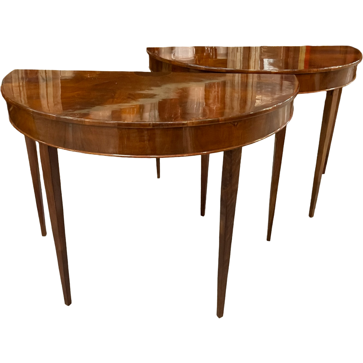 Antique Louis XVI-Style Walnut Demilune Tables with Ash Inlay | Pair
