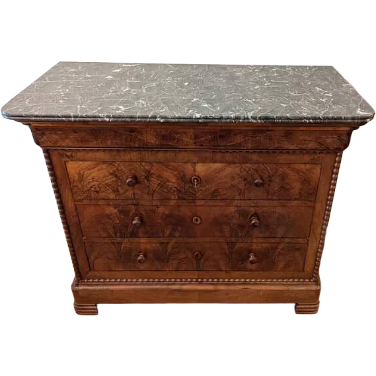 Antique Louis Philippe Walnut Chest with Beading Detail and St. Anne Marble Top