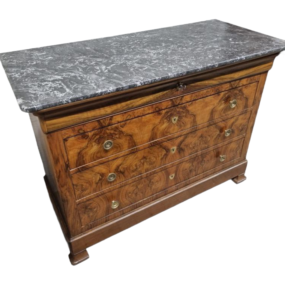 Antique Louis Philippe Burl Walnut Chest with St. Anne Marble Top
