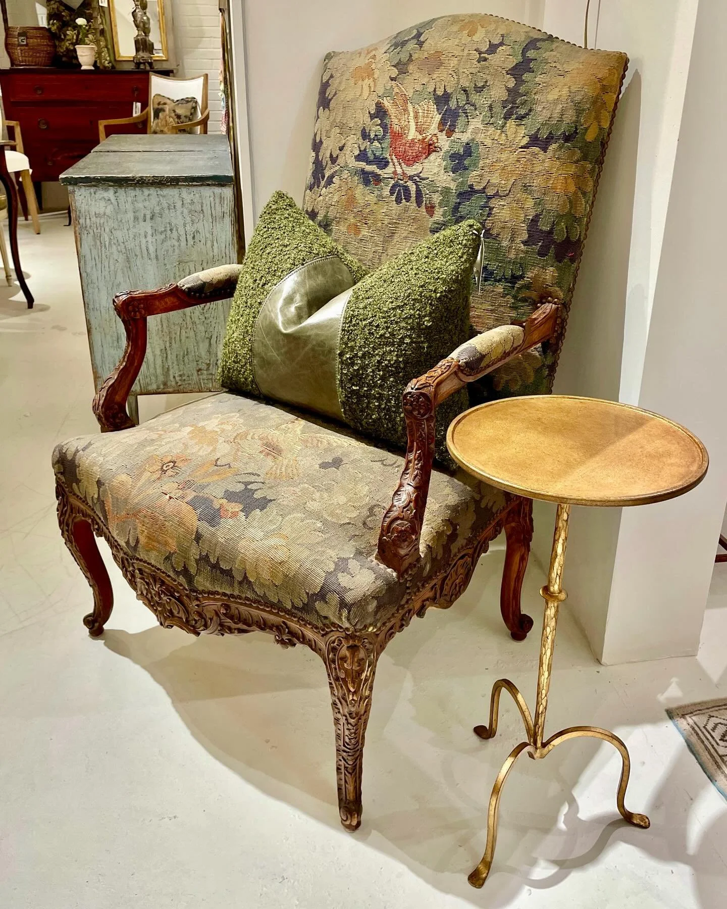 Finally got this beautiful pair of antique hand carved walnut throne chairs from our last container unwrapped and in the shoppe! Original 18th century tapestry covering (c.1780). Hand carved walnut frames, French, c.1860. Dimensions are 23.6W x 28.3D