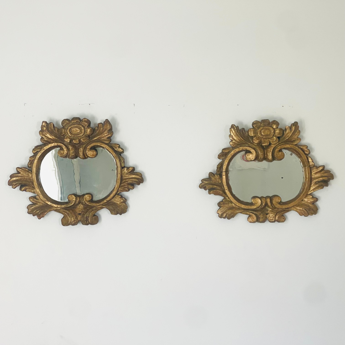 Antique 17th Century Hand Carved Gilt Wood Petite Mirrors | Pair