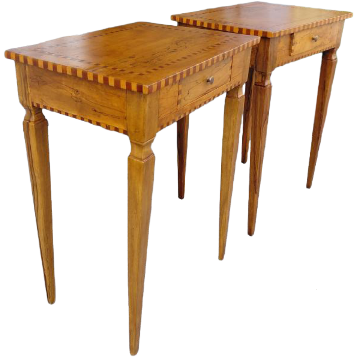 Antique Louis XVI Period Walnut Side Tables with Drawer and Maple Inlay | Pair