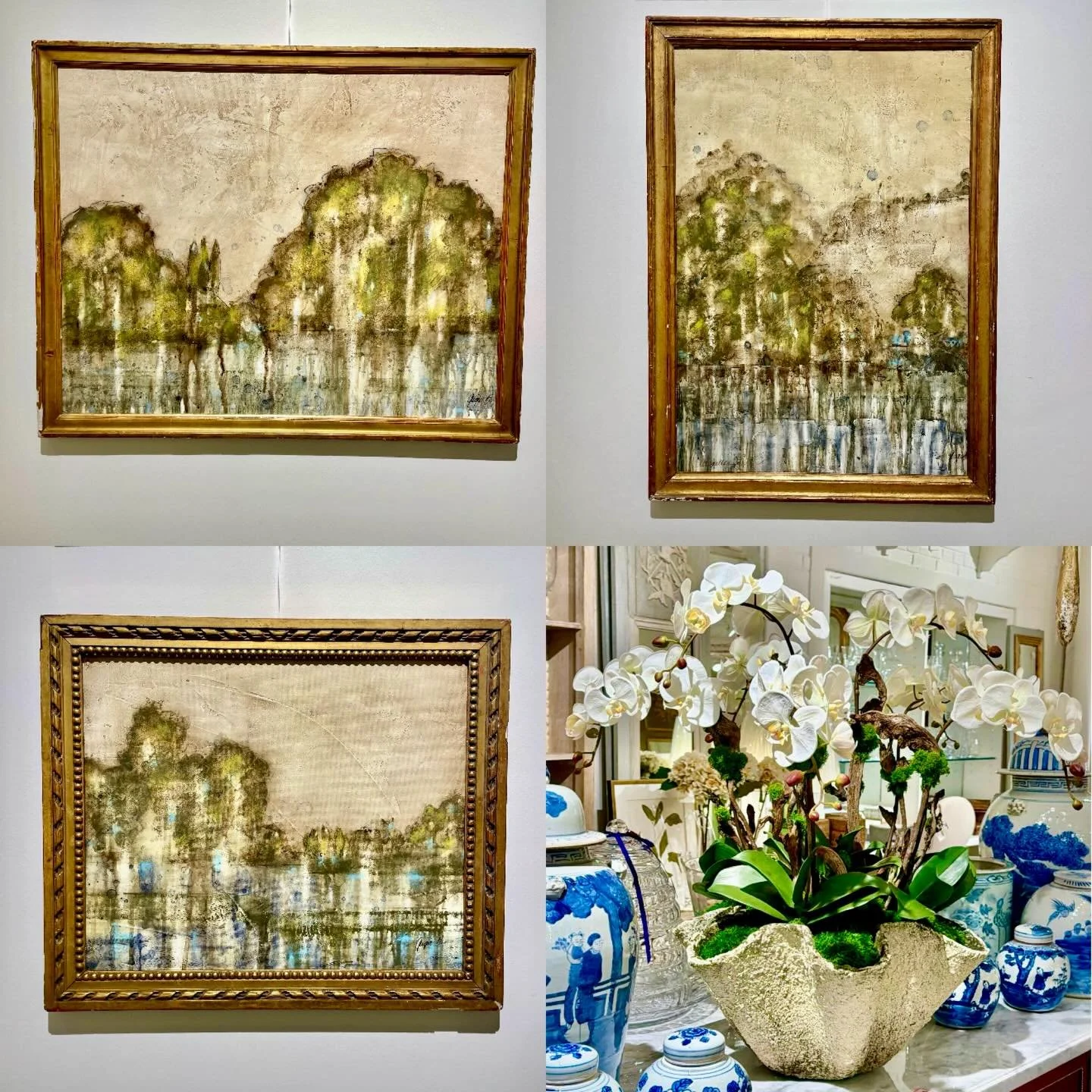 Just in from the work room&mdash;more pieces of our favorite greens from @gigidavisstudio in her Versailles series. Beautiful colors and textures. Antique gold gilt frames. Must see in person! Discover our exciting collection of one-of-a-kind, hand-s