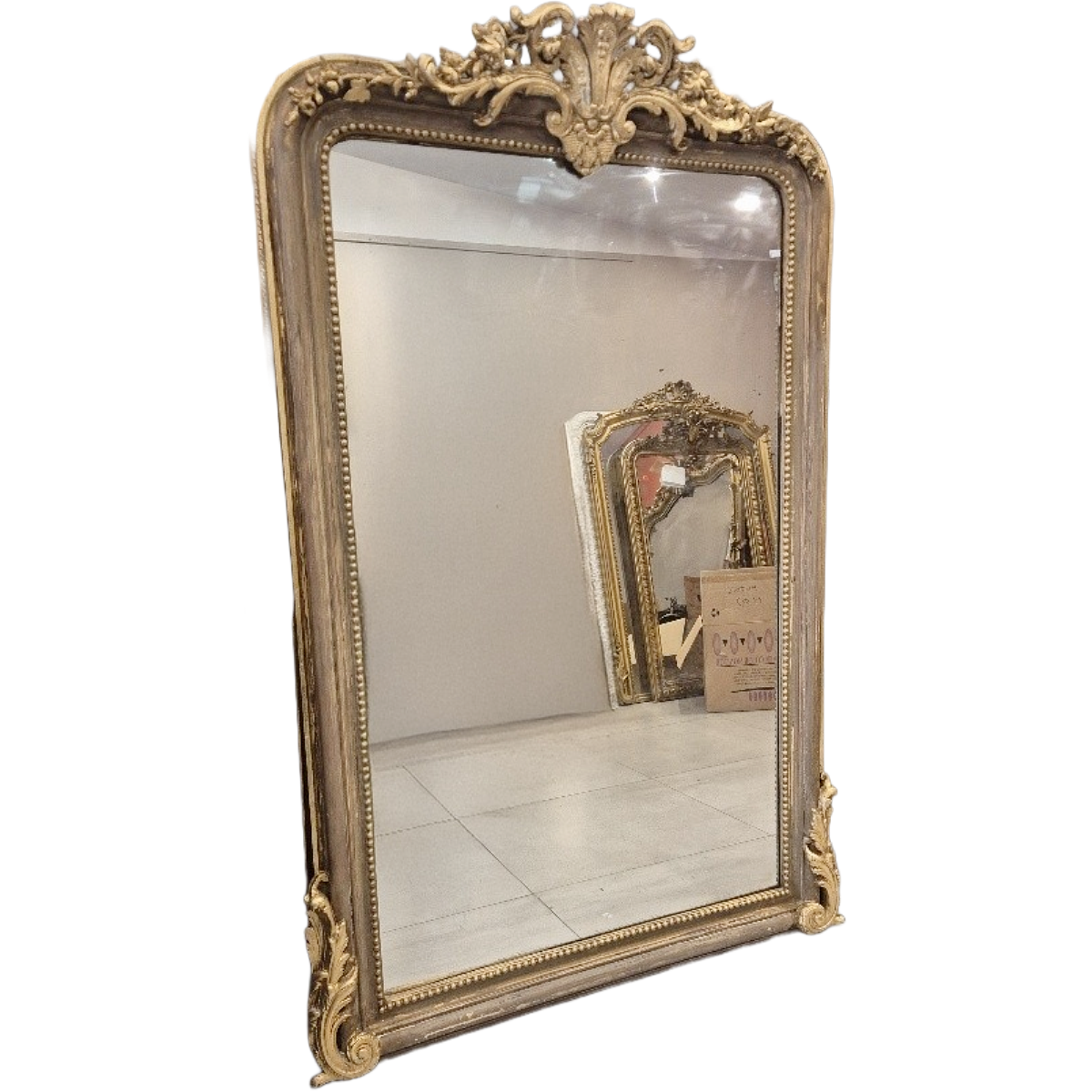 Antique Napoleon III Mirror with Wood Patina and Gilded Fronton Detail