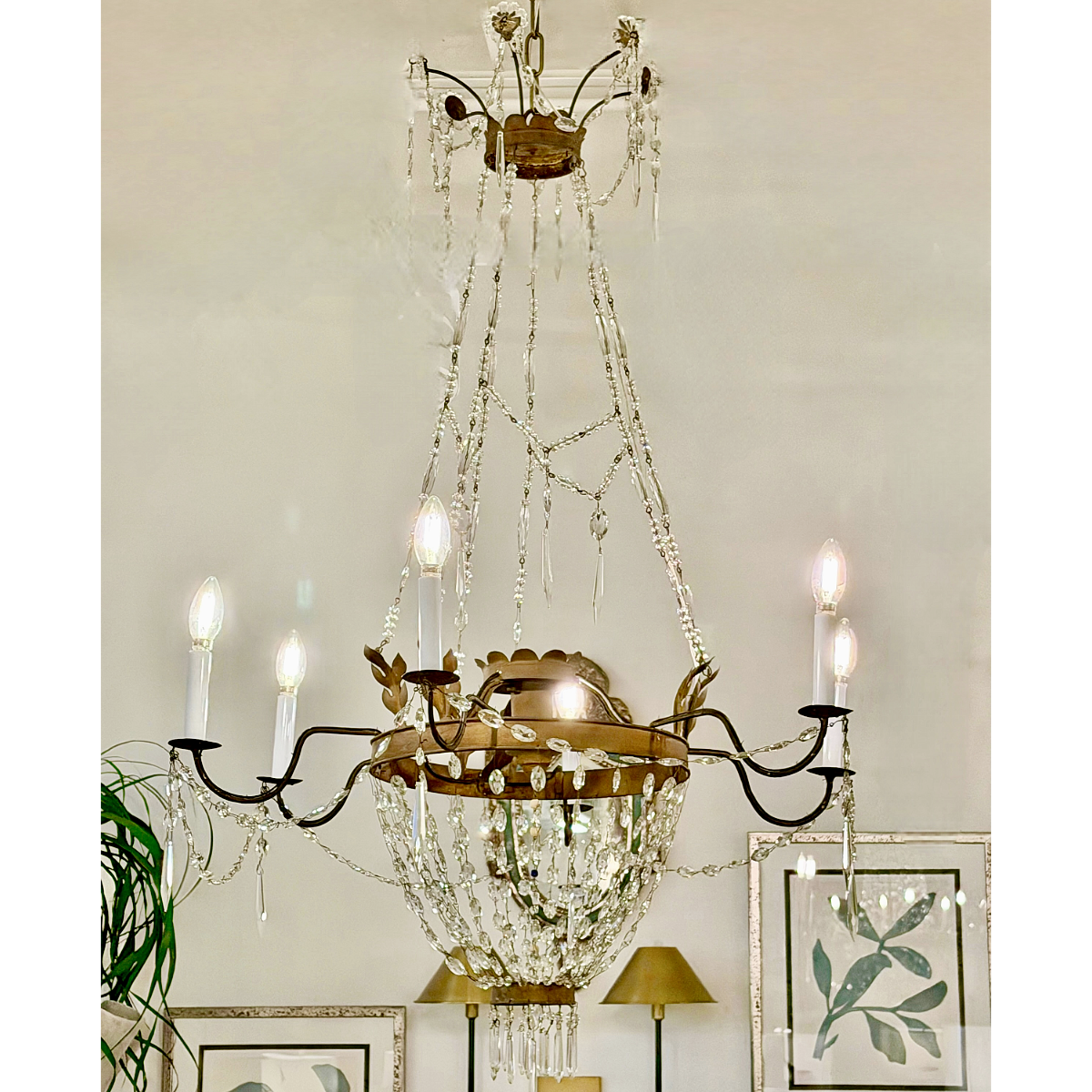 Antique Empire Period 6-Arm Gilt Iron and Crystal Chandelier | Pair Available