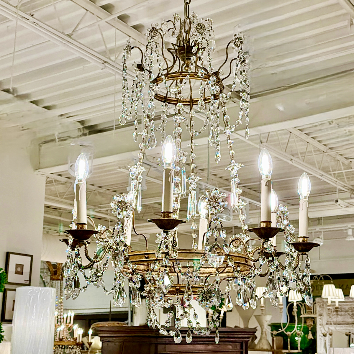 Antique Empire-Style Crystal and Gilt Brass Chandelier