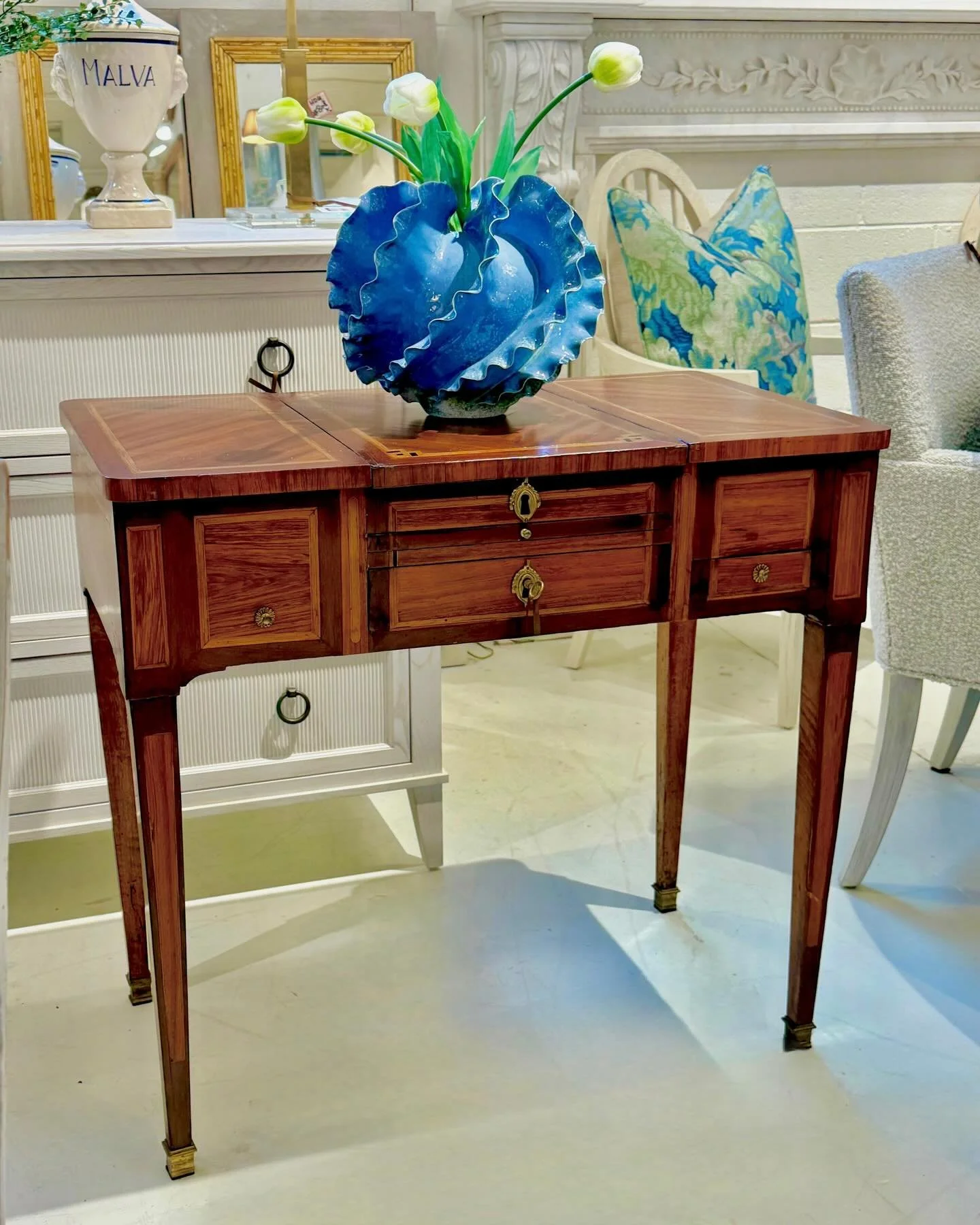 The prettiest Antique Louis XVI Period Vanity/Dressing Table arrived in our last container from France. French, c.1780. Dimensions are 32.2W x 18.7D x 29.7H. Discover our extensive collection of one-of-a-kind, hand-selected European Antiques and Cura