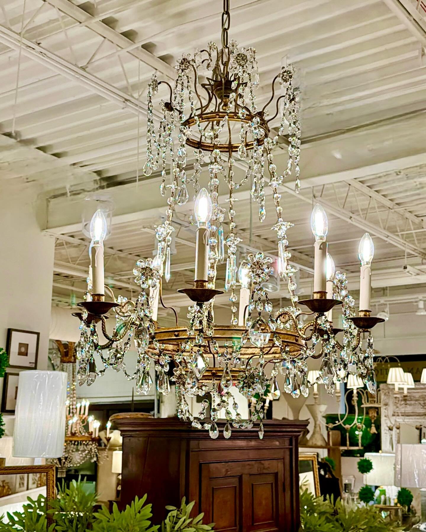 Finally got all the gorgeous Antique 18th century Crystal Chandeliers from our last French/Italian container hung in the shoppe this weekend! Need a pair of Genovese chandeliers? We have them! Need a pair of Empire chandeliers? We have those, too! Sw