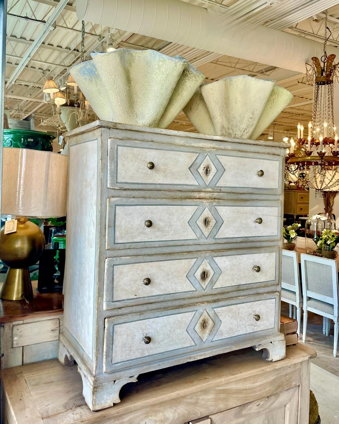 Perfectly Petite Antique Italian Painted Walnut 4-Drawer Chest. Italian, c.1880. Dimensions: 33.5W x 16.3D x 35.5H. Discover our extensive collection of one-of-a-kind, hand-selected European Antiques and Curated Decor. Find more details and pics on o