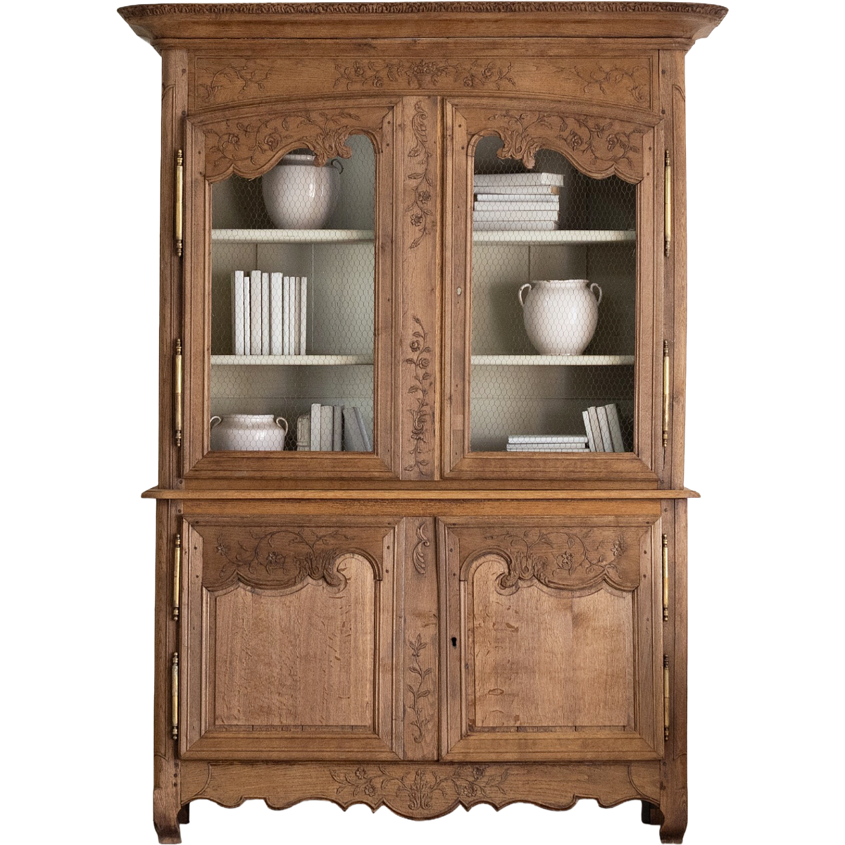 Antique Louis XV-Style Natural Oak Vitrine With French Wire Doors