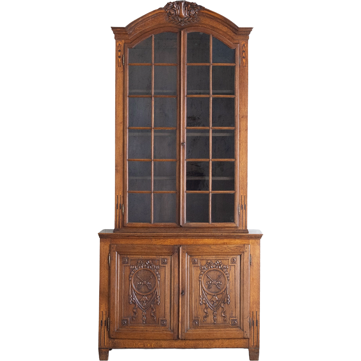 Antique Oak Vitrine With Carving and Ebony Wood Inlay