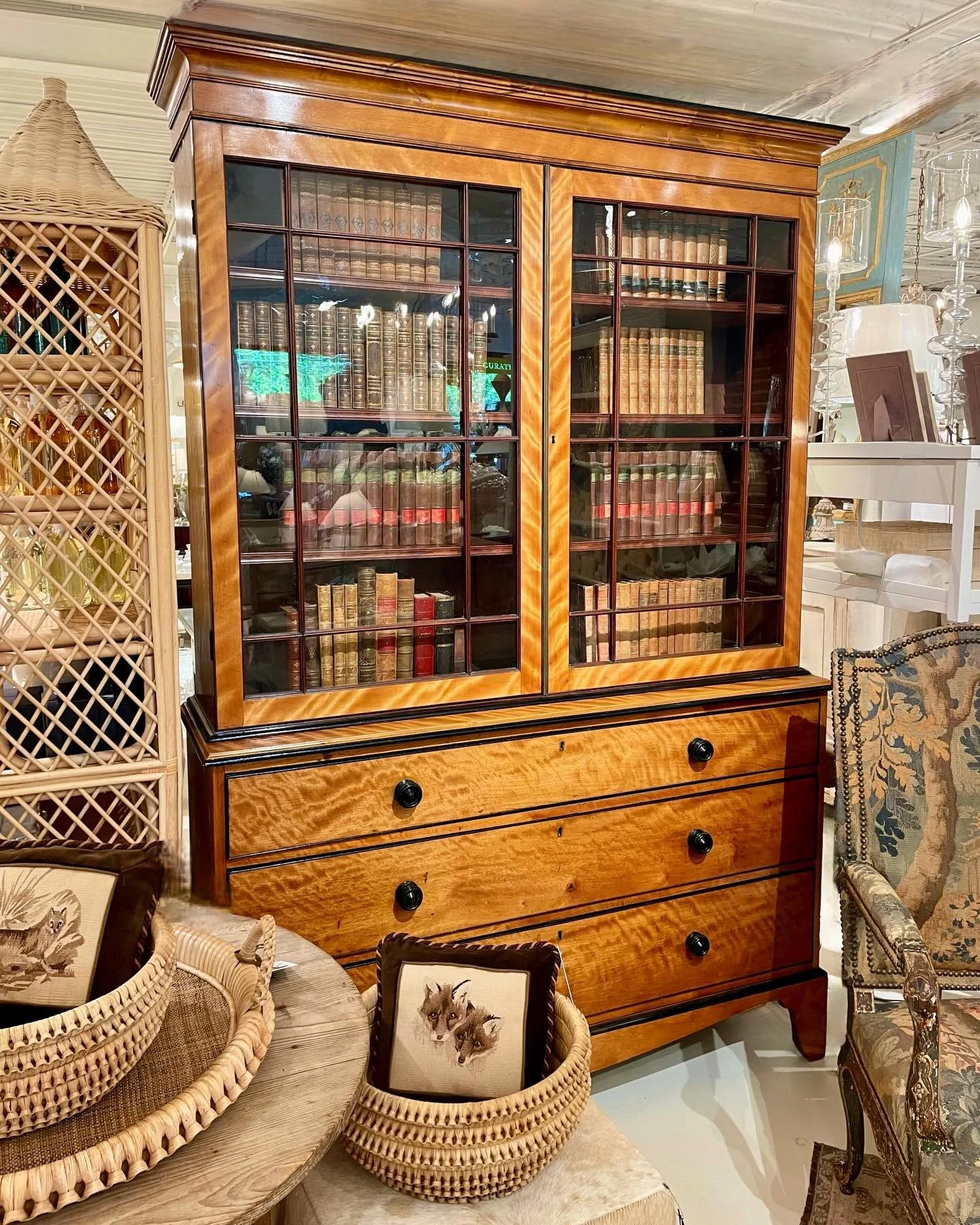 Another new arrival&mdash;an Antique Satinwood and Birch Bureau Bookcase with Ebonized Detail. English, c.1880. Dimensions are 55.1W x 15.75D x 84H. Discover our extensive collection of one-of-a-kind, hand-selected European Antiques and Curated Decor