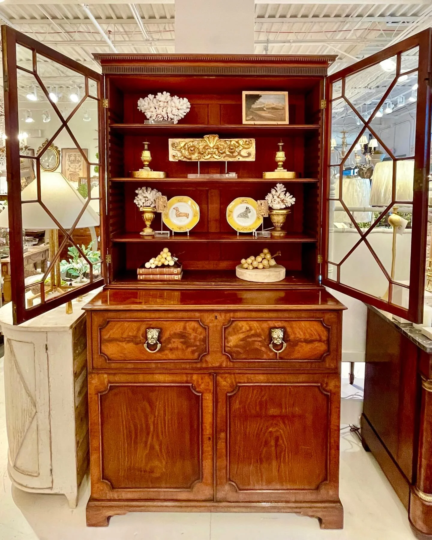 A beautiful Antique George III Period Mahogany Secretary Bookcase with original Bulldog pulls! English, c.1780. Dimensions are 47.2W x 23.2D x 87H | Writing Surface 30.3H. Swipe for pics. Discover our extensive collection of one-of-a-kind, hand-selec