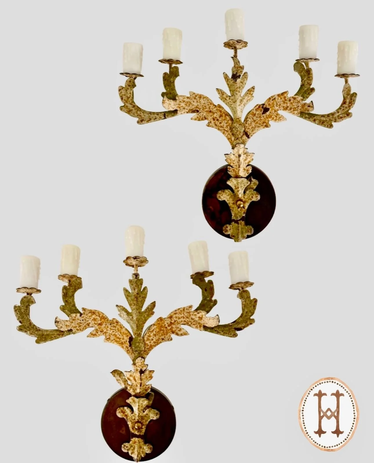 Just back from the workroom&mdash;the prettiest Antique Italian Metal 5-Light Torchiere Sconces. Newly French Wired and ready for installation. Italian, c.1890. Dimensions are 15W x 15H. Discover our extensive collection of one-of-a-kind, hand-select