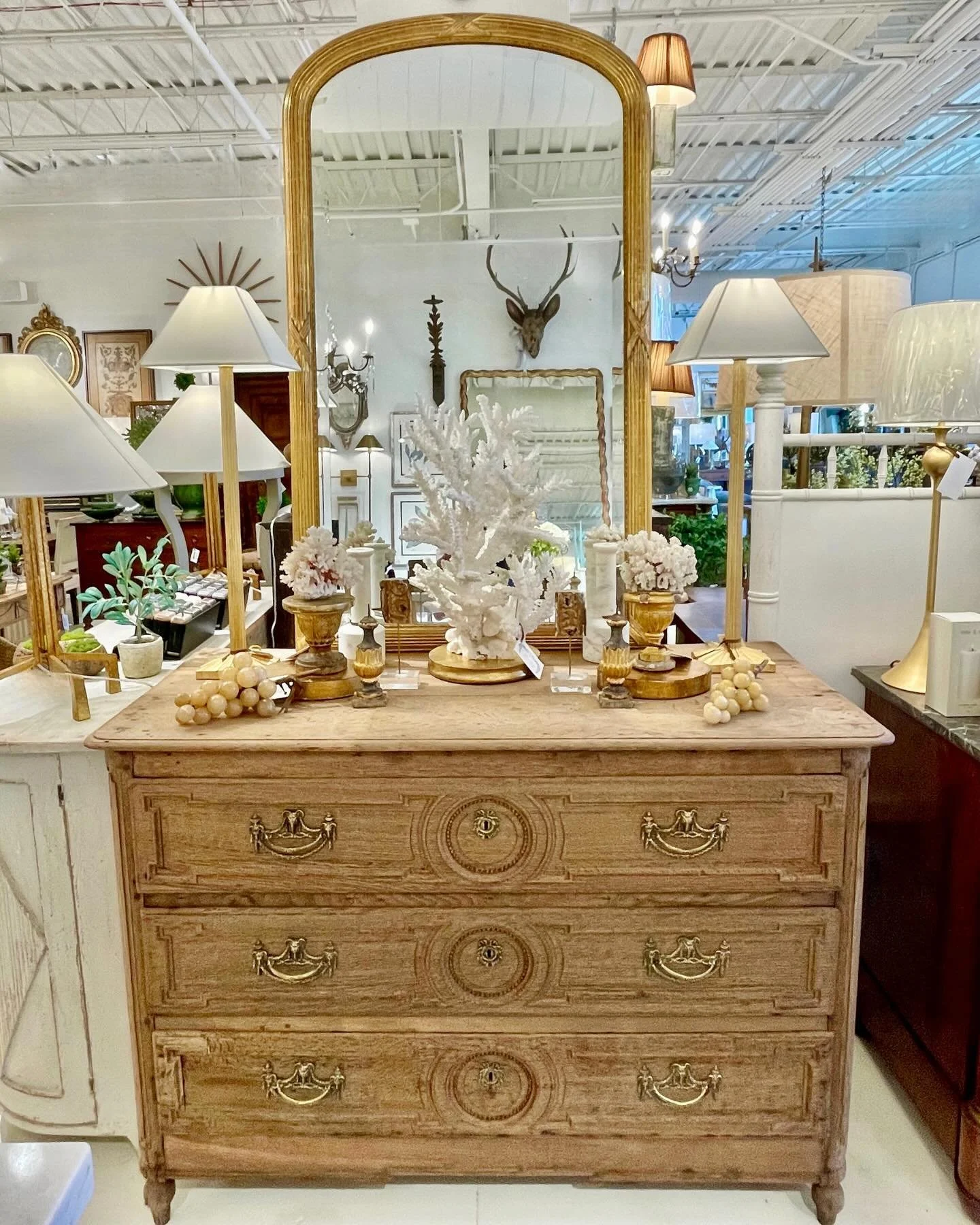 Beautifully Bleached Antique Oak Louis XVI-Style Chest with the prettiest Brass Hardware! Swipe for a close up. French, c.1820. Dimensions are 53W x 24.4D x 38H. Discover our extensive collection of one-of-a-kind, hand-selected European Antiques and 